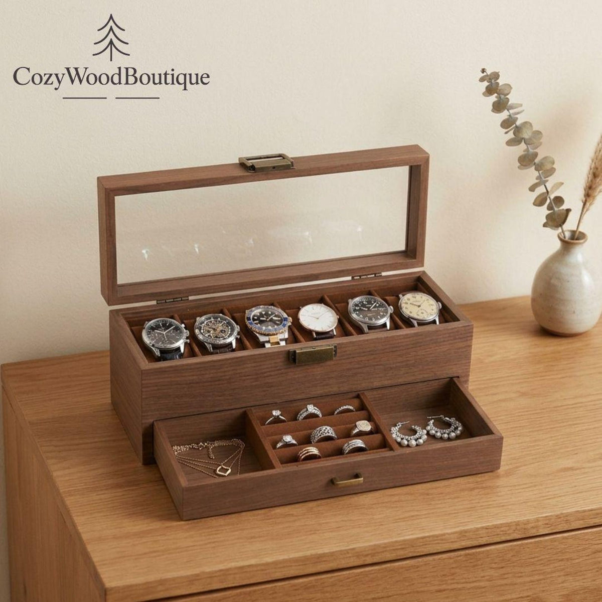 Wooden Watch Box Organizer for Men, Jewelry Box with Drawer, 12 Watch Case Display Stand, Luxury Watch Storage, Gift for Him, Dresser Decor