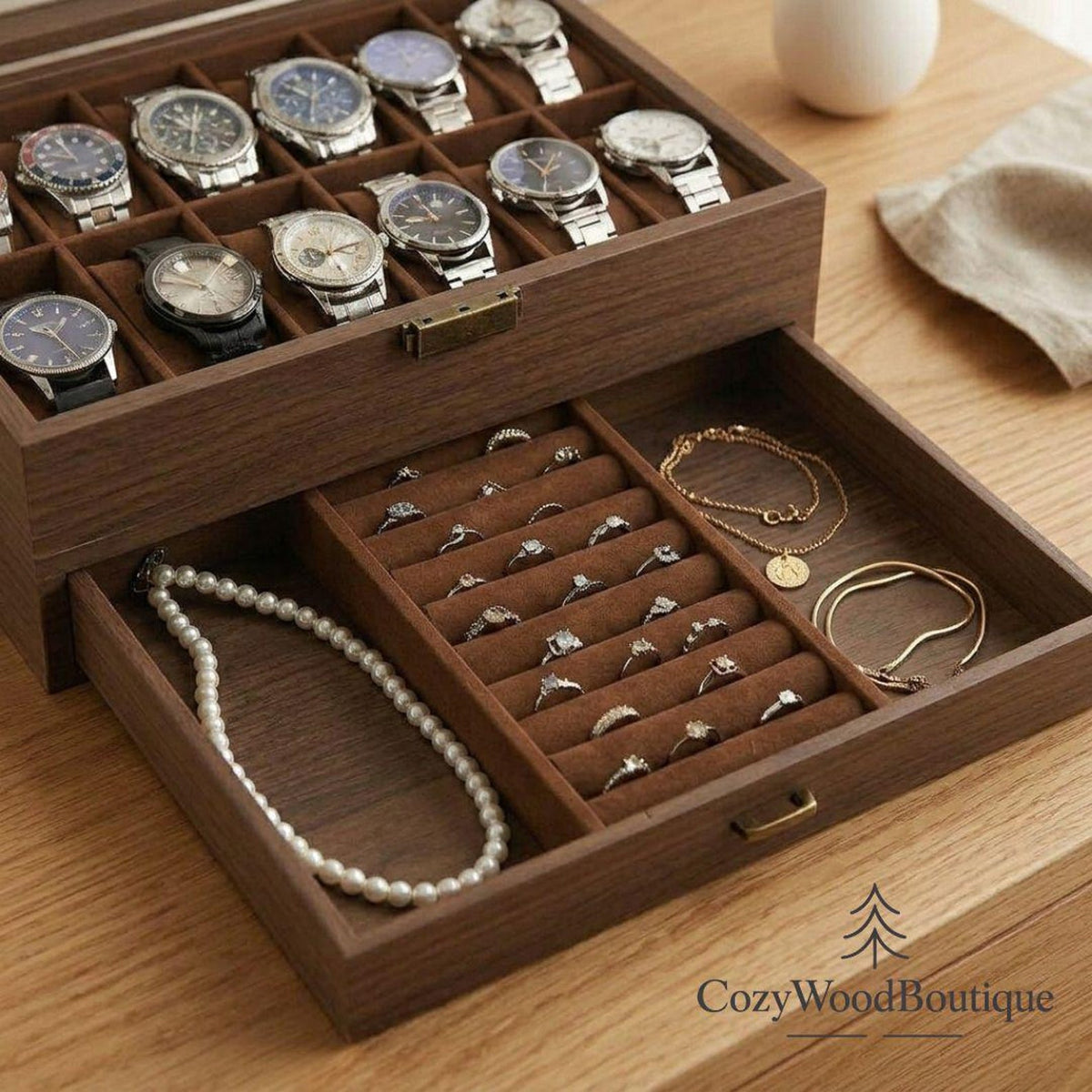 Wooden Watch Box Organizer for Men, Jewelry Box with Drawer, 12 Watch Case Display Stand, Luxury Watch Storage, Gift for Him, Dresser Decor