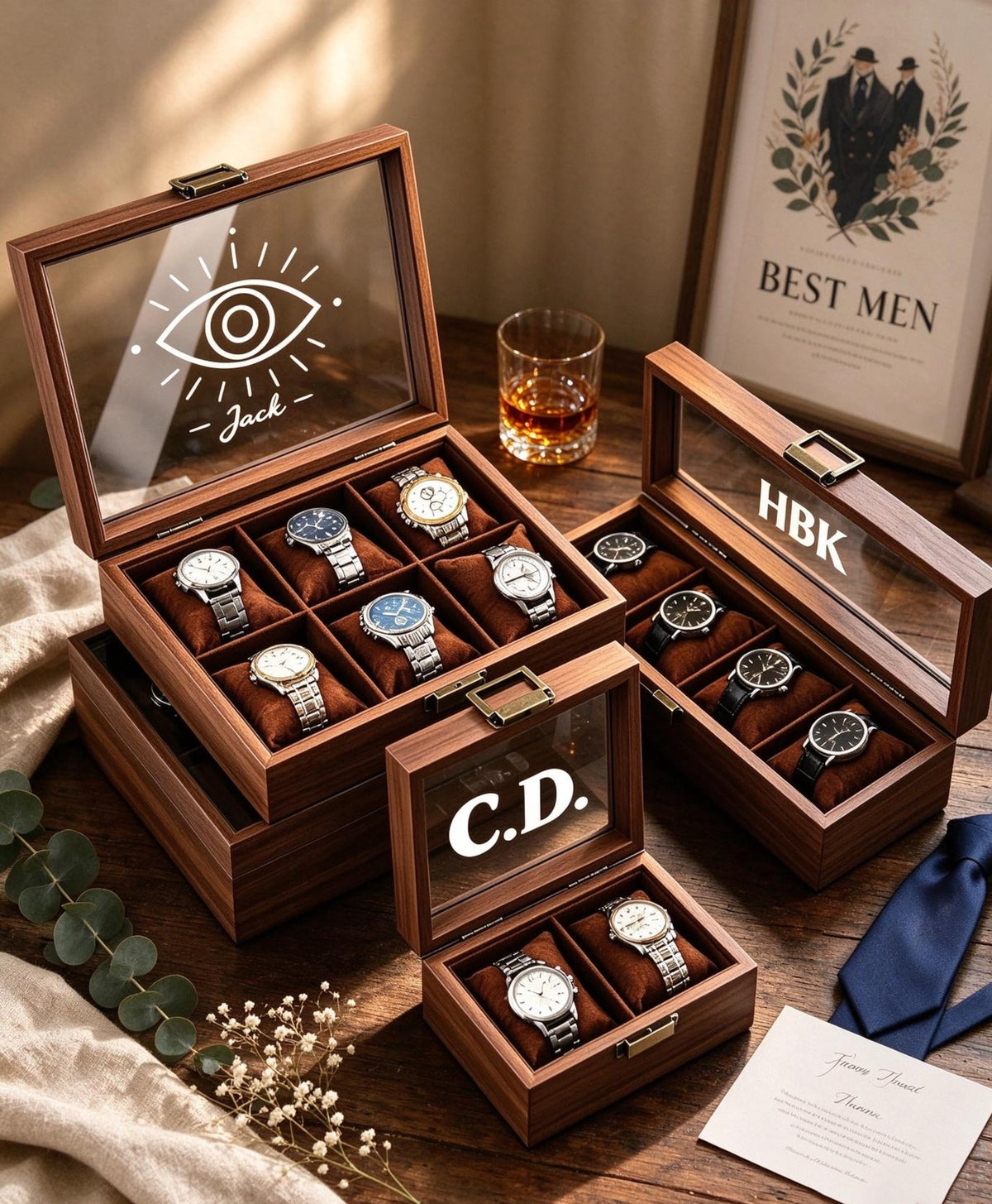 Personalised Wooden Watch Box, Custom Engraved Watch Storage Case, Holds 1-8 Watches, Groomsmen Gift For Him Dad Husband