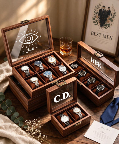 Personalised Wooden Watch Box, Custom Engraved Watch Storage Case, Holds 1-8 Watches, Groomsmen Gift For Him Dad Husband
