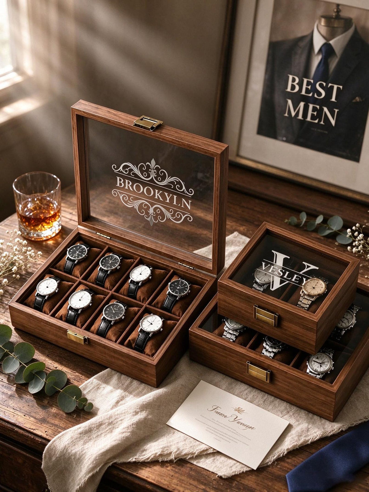 Personalised Wooden Watch Box, Custom Engraved Watch Storage Case, Holds 1-8 Watches, Groomsmen Gift For Him Dad Husband