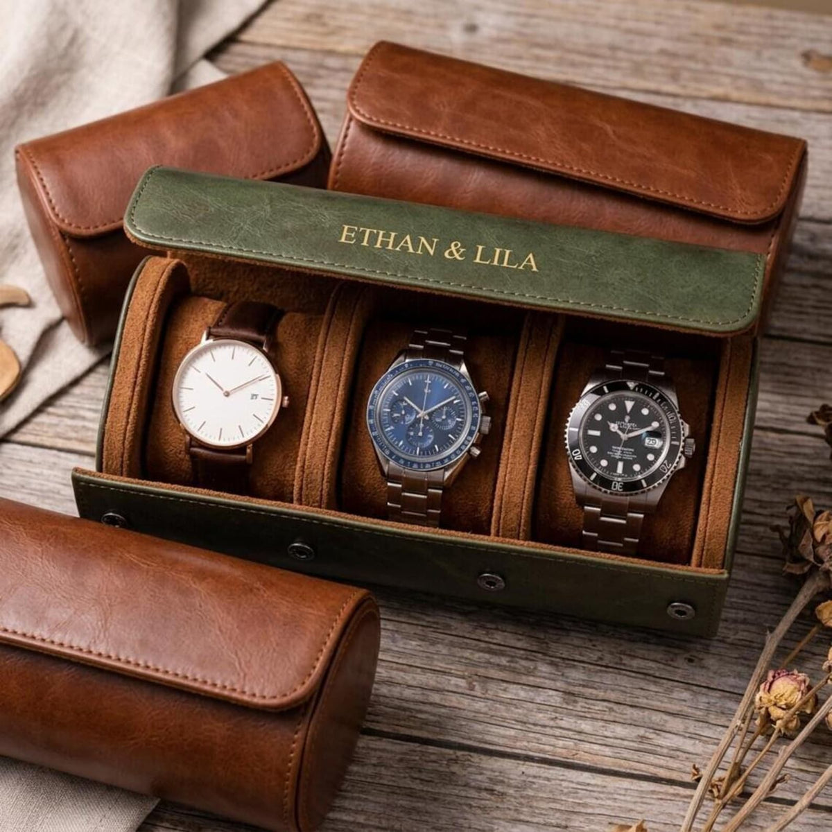 Custom Watch Box, Leather Organizer - Engraved Personalized Case, Groomsmen Gift, Travel-Friendly Size