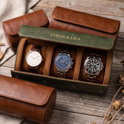 Custom Watch Box, Leather Organizer - Engraved Personalized Case, Groomsmen Gift, Travel-Friendly Size