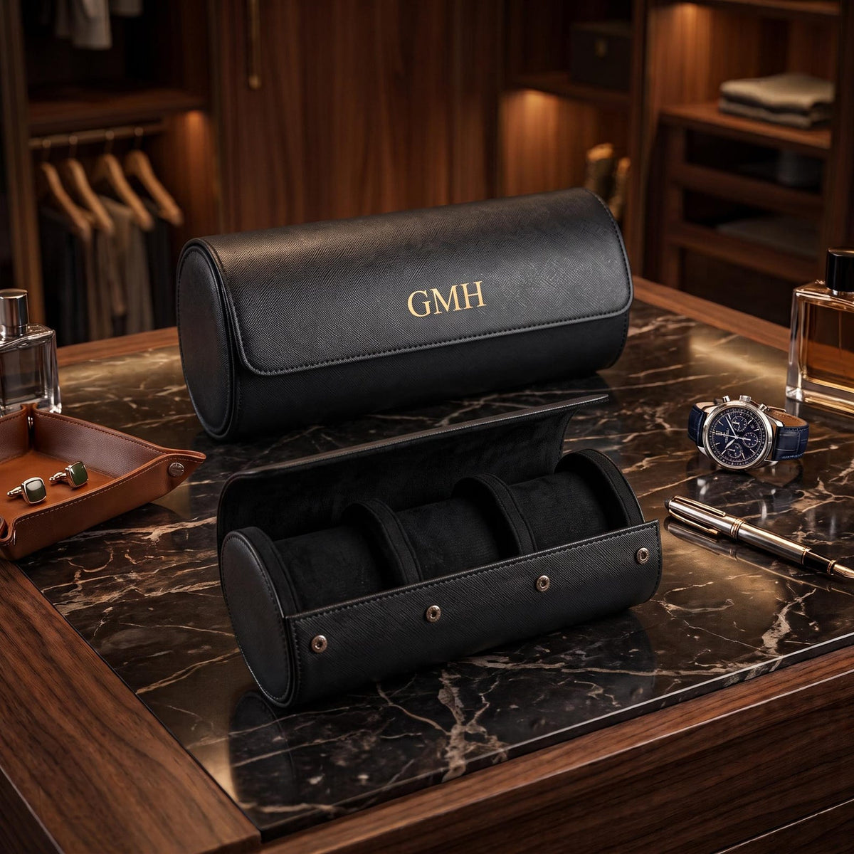 Custom Watch Box, Leather Organizer - Engraved Personalized Case, Groomsmen Gift, Travel-Friendly Size