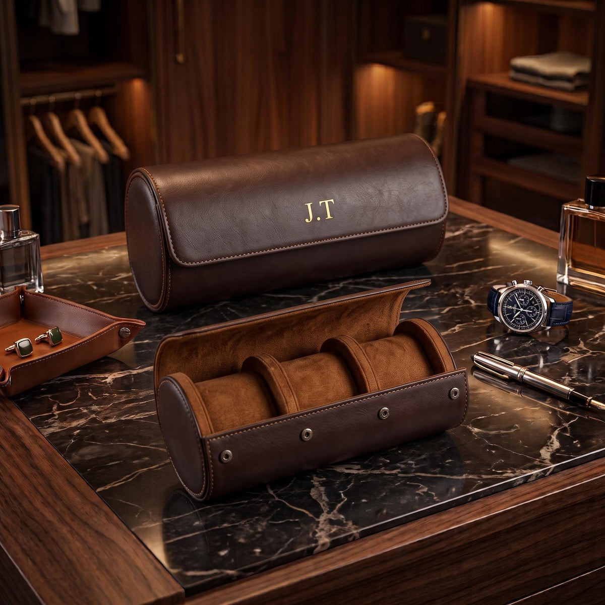 Custom Watch Box, Leather Organizer - Engraved Personalized Case, Groomsmen Gift, Travel-Friendly Size