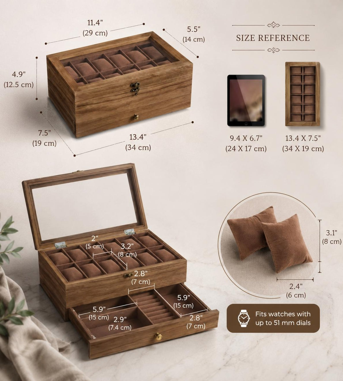 Wooden Watch Box Organizer for Men, Watch Display Case, 12 Slot Glass Top Watch Jewelry Organizer, Storage Box Organizer Gift For Him