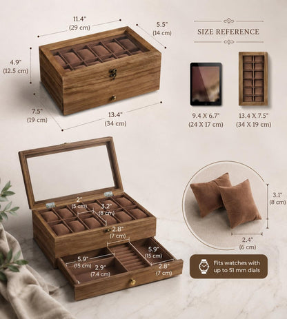 Wooden Watch Box Organizer for Men, Watch Display Case, 12 Slot Glass Top Watch Jewelry Organizer, Storage Box Organizer Gift For Him
