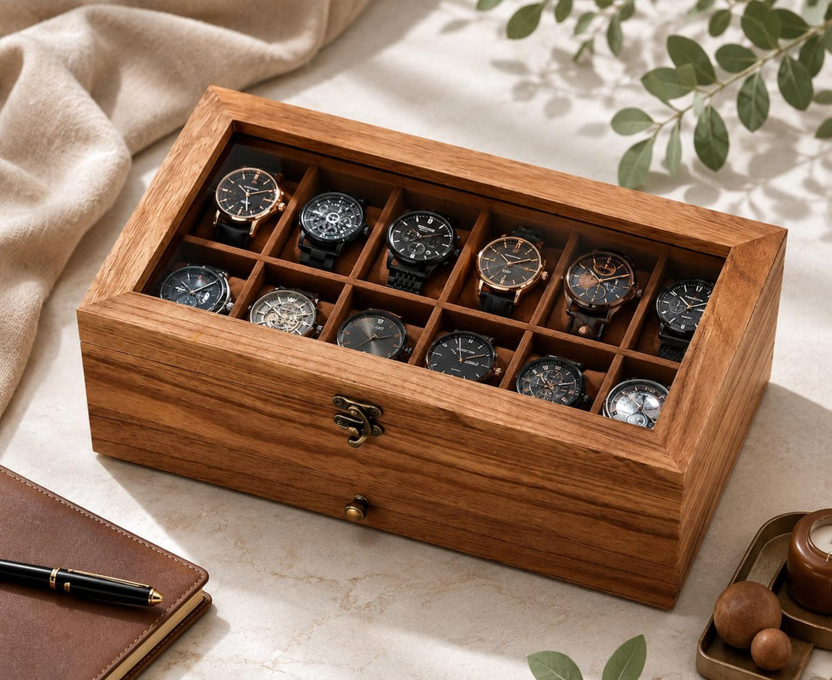 Wooden Watch Box Organizer for Men, Watch Display Case, 12 Slot Glass Top Watch Jewelry Organizer, Storage Box Organizer Gift For Him