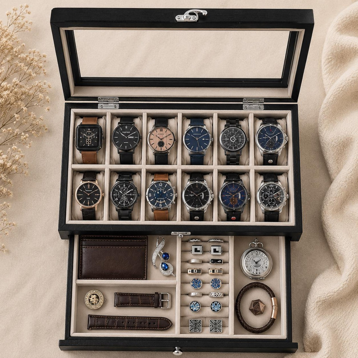 Wooden Watch Box Organizer for Men, Watch Display Case, 12 Slot Glass Top Watch Jewelry Organizer, Storage Box Organizer Gift For Him