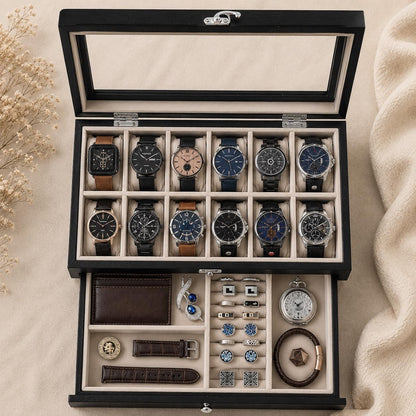 Wooden Watch Box Organizer for Men, Watch Display Case, 12 Slot Glass Top Watch Jewelry Organizer, Storage Box Organizer Gift For Him