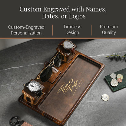 Wooden desk tray for glasses and watches organizer engraved Christmas gift for husband 6th anniversary gift for men watch jewelry organizer