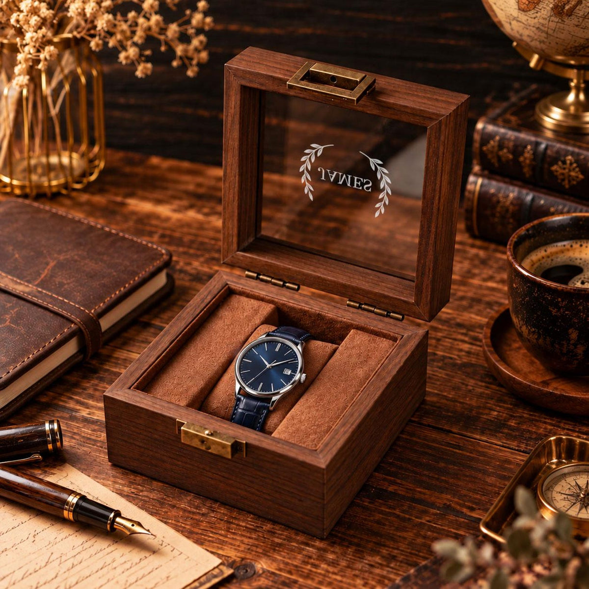 Personalized Glass Watch Box for Men, Engraved Watch & Jewelry Organizer, Custom Display Case, Anniversary Gift for Husband, Christmas Gift