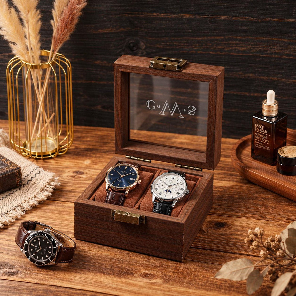 Personalized Glass Watch Box for Men, Engraved Watch & Jewelry Organizer, Custom Display Case, Anniversary Gift for Husband, Christmas Gift