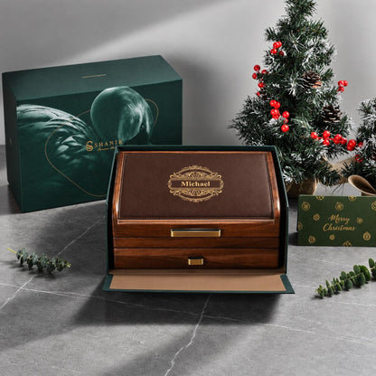 Wooden Watch Box with Drawer Leather Lid Closet Organization Acacia Valet Tray for Men Minimalist Nightstand Organizer Engraved Display Case