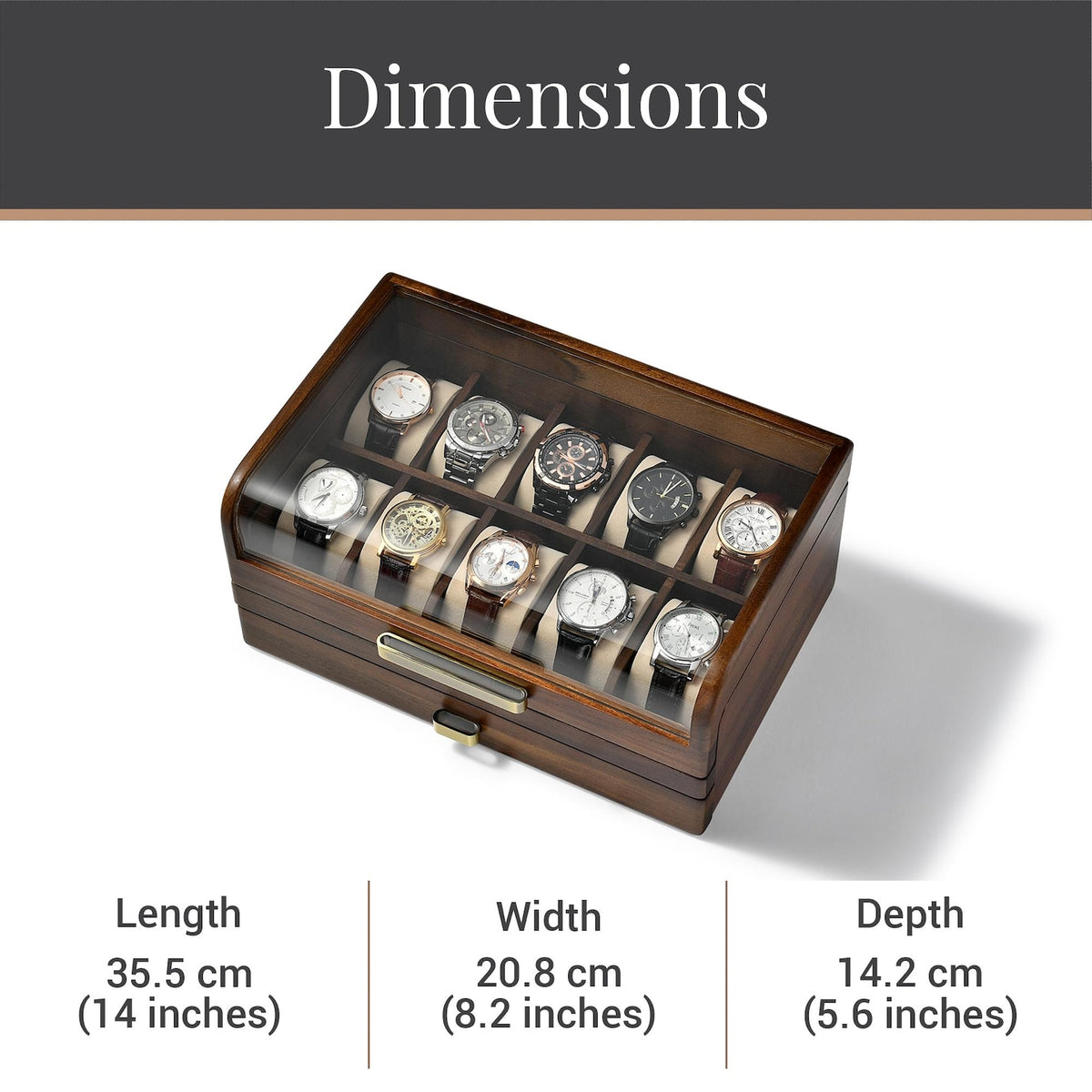 Wooden Watch Box with Drawer Leather Lid Closet Organization Acacia Valet Tray for Men Minimalist Nightstand Organizer Engraved Display Case
