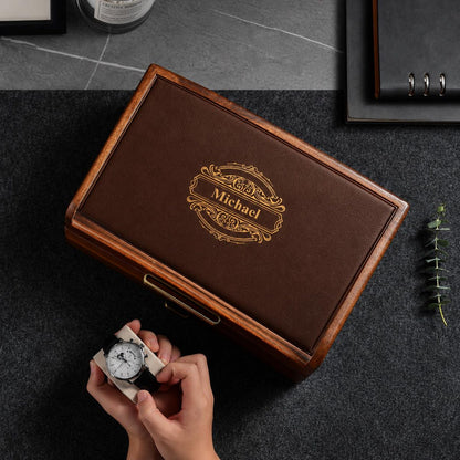 Wooden Watch Box with Drawer Leather Lid Closet Organization Acacia Valet Tray for Men Minimalist Nightstand Organizer Engraved Display Case