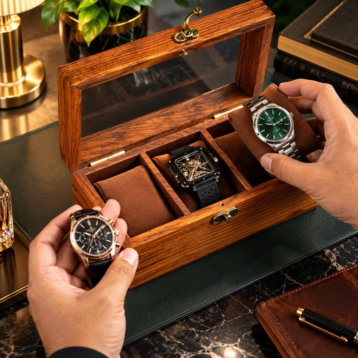 Handmade Personalized Wooden Watch Box for Men – Rosewood Watch Display Case with Glass Lid, Custom Watch Organizer, Luxury Gift for Him