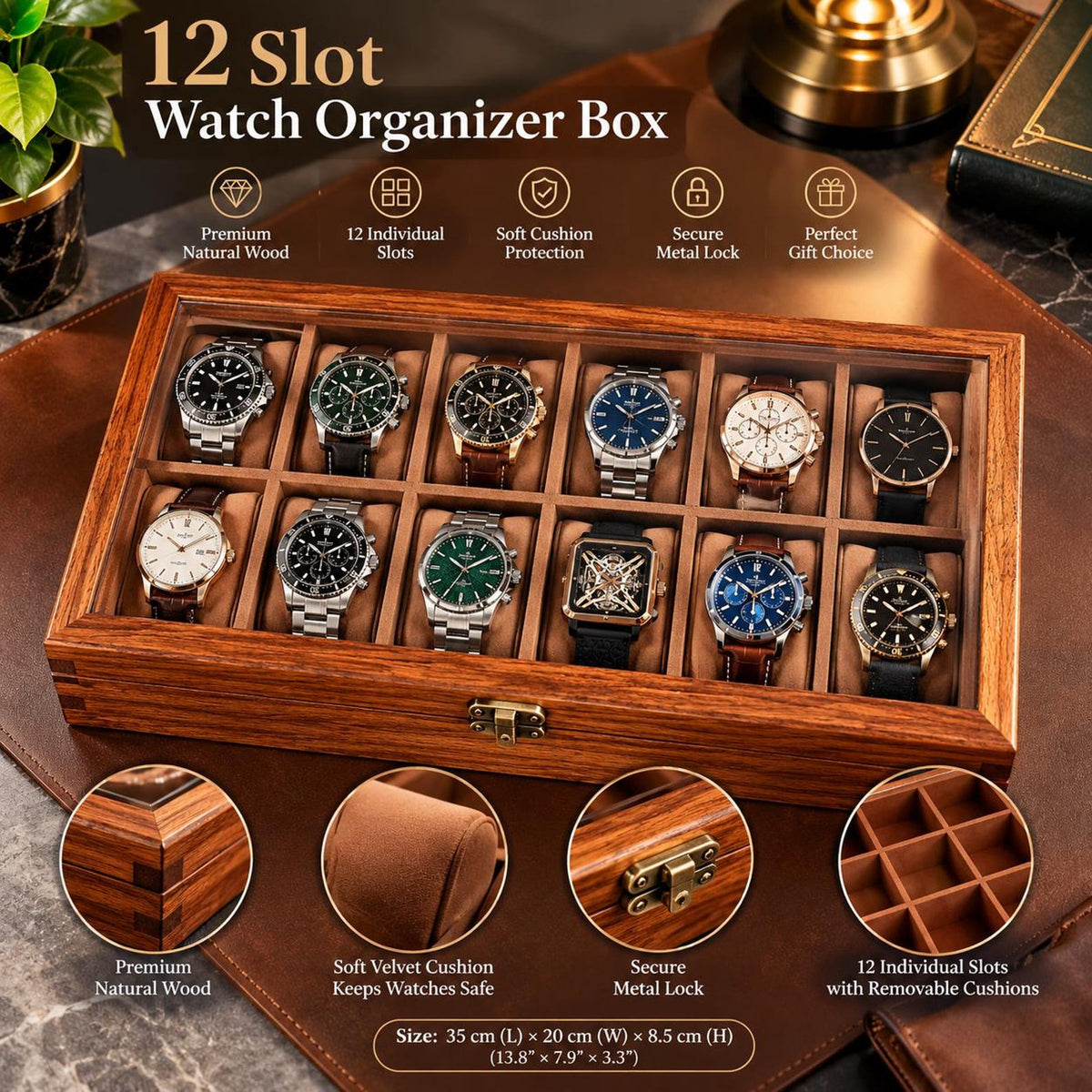 Handmade Personalized Wooden Watch Box for Men – Rosewood Watch Display Case with Glass Lid, Custom Watch Organizer, Luxury Gift for Him
