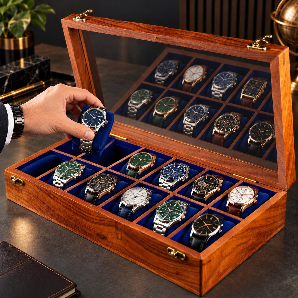 Handmade Personalized Wooden Watch Box for Men – Rosewood Watch Display Case with Glass Lid, Custom Watch Organizer, Luxury Gift for Him