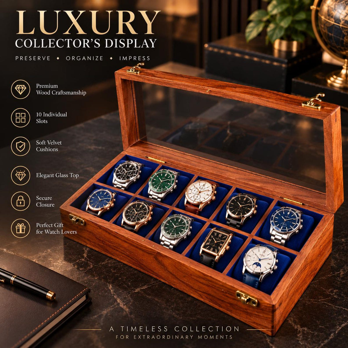 Handmade Personalized Wooden Watch Box for Men – Rosewood Watch Display Case with Glass Lid, Custom Watch Organizer, Luxury Gift for Him