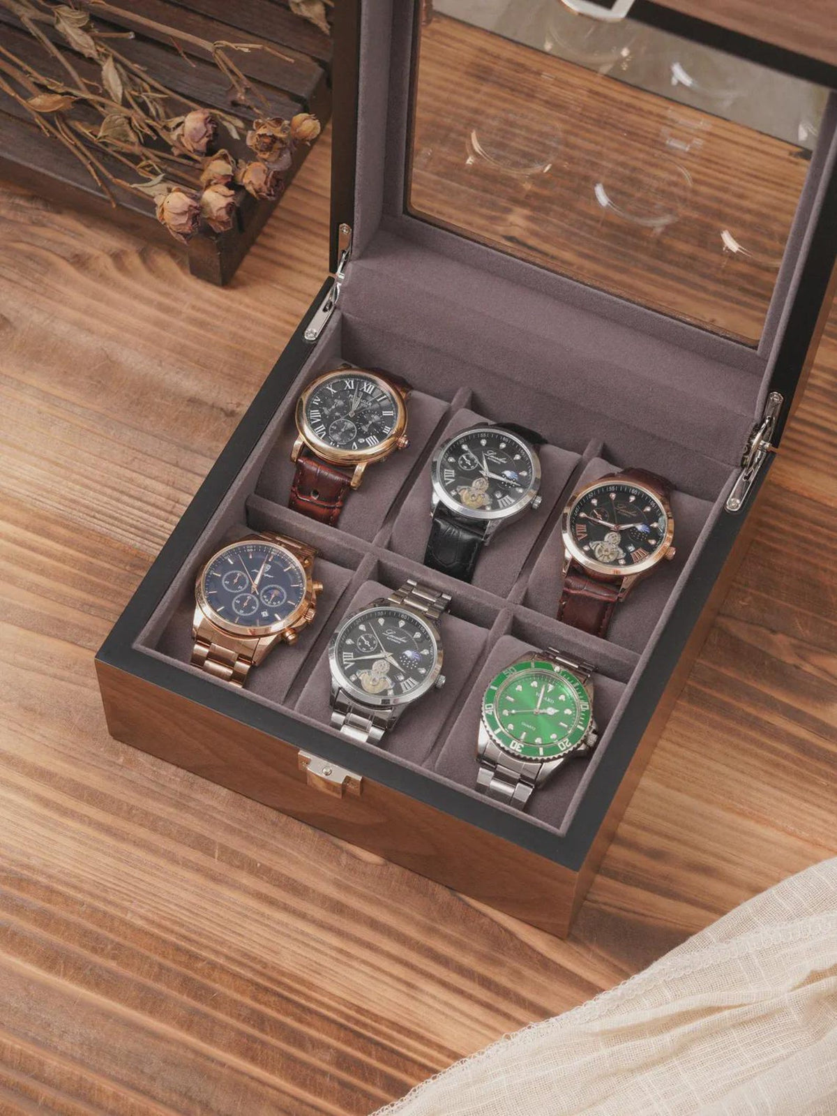 Personalized Walnut Wood Watch Box 6/8 Slots, Engraved Glass Lid Watch Jewelry Case, Groom Wedding Gift, Valentine's Day Gifts Him