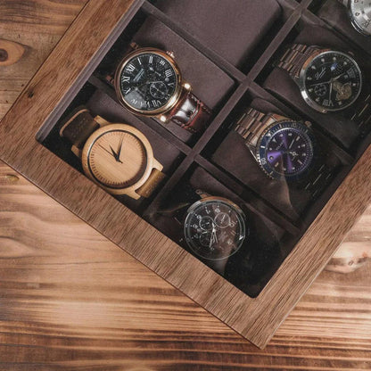 Personalized Walnut Wood Watch Box 6/8 Slots, Engraved Glass Lid Watch Jewelry Case, Groom Wedding Gift, Valentine's Day Gifts Him