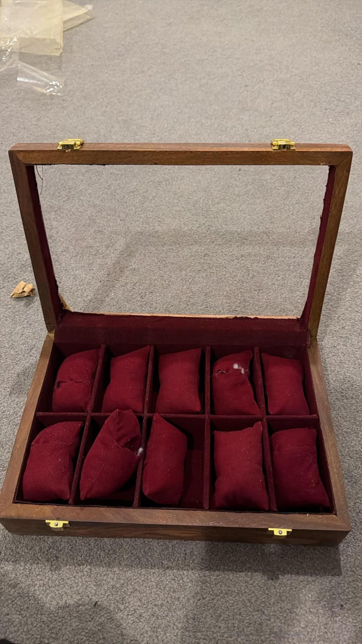 Handcrafted Wooden Watch Box – 10-Slot Velvet Interior, Glass Lid Display Case
