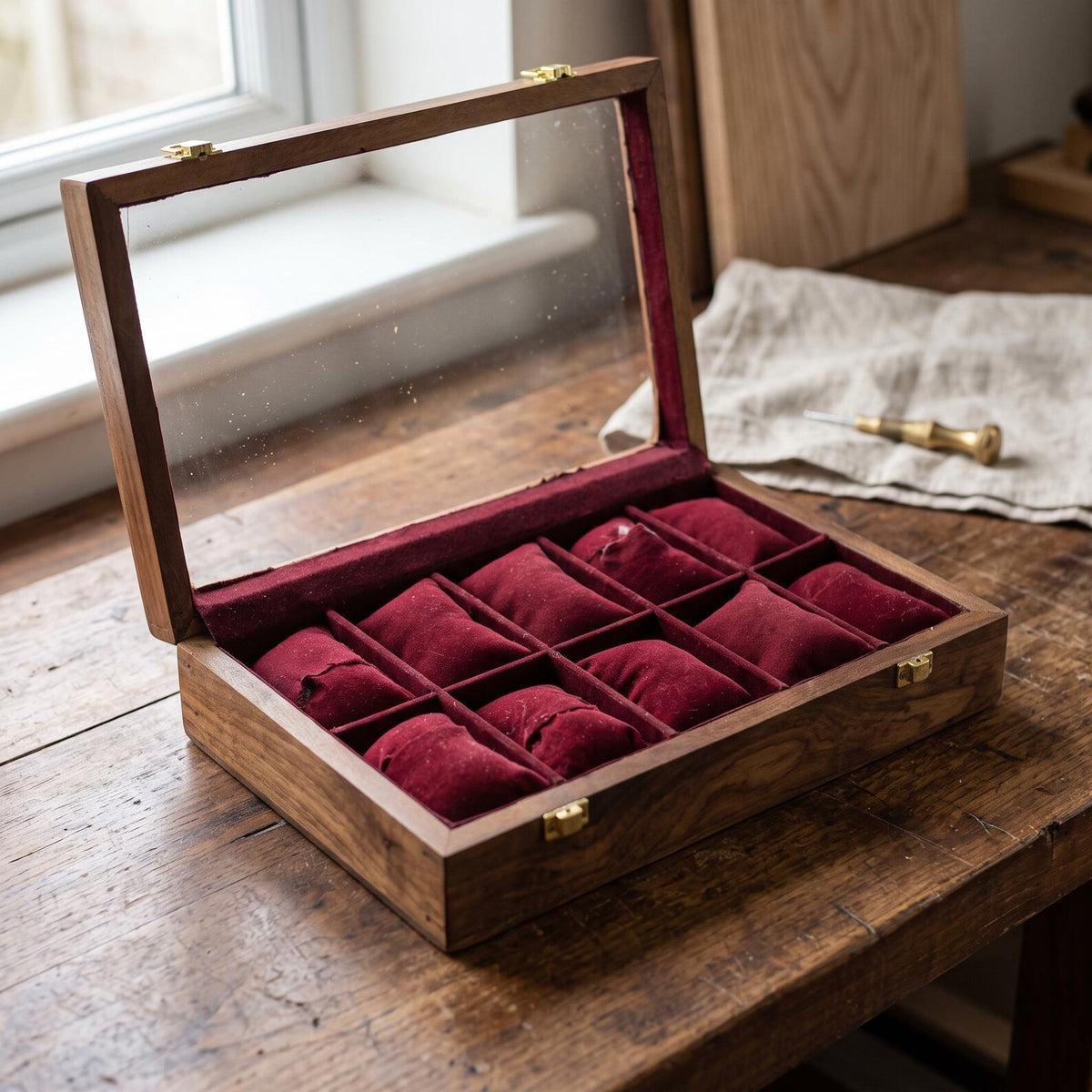 Handcrafted Wooden Watch Box – 10-Slot Velvet Interior, Glass Lid Display Case