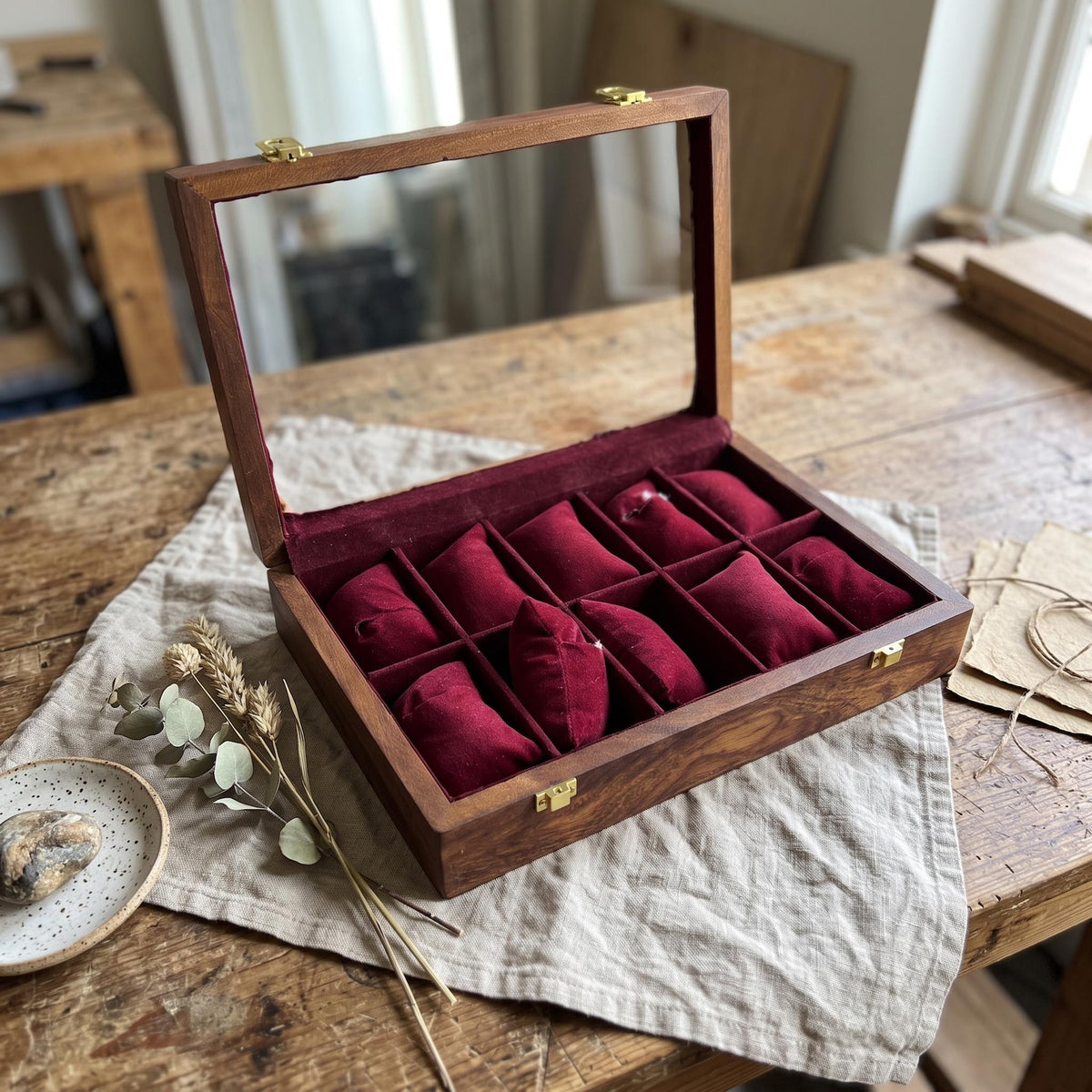 Handcrafted Wooden Watch Box – 10-Slot Velvet Interior, Glass Lid Display Case