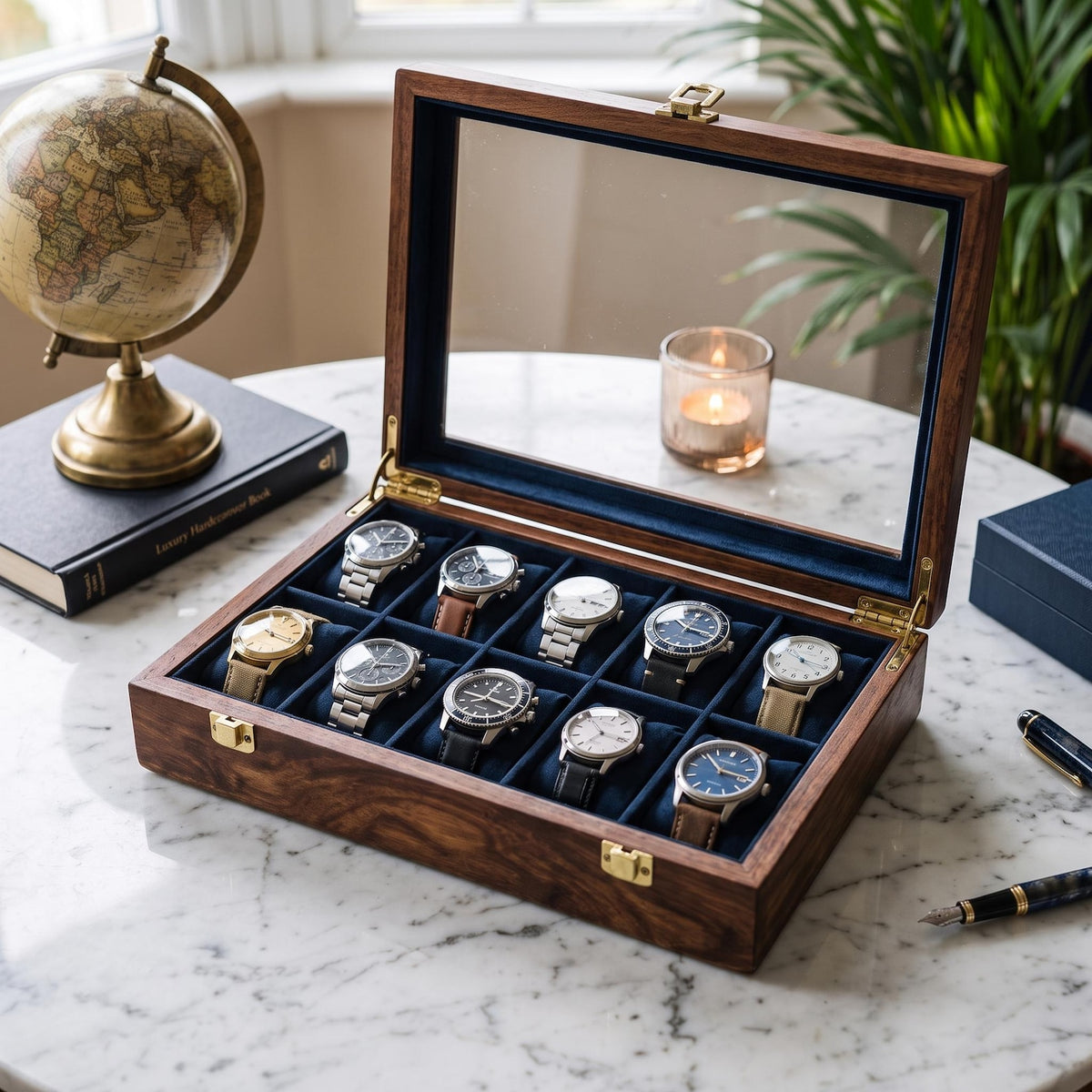 Handcrafted Wooden Watch Box – 10-Slot Velvet Interior, Glass Lid Display Case