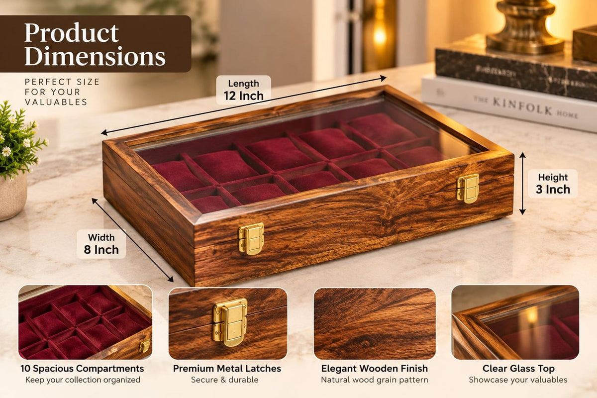Wooden Watch Storage Box with 10 Compartments, Burgundy Velvet Lining and Glass Display
