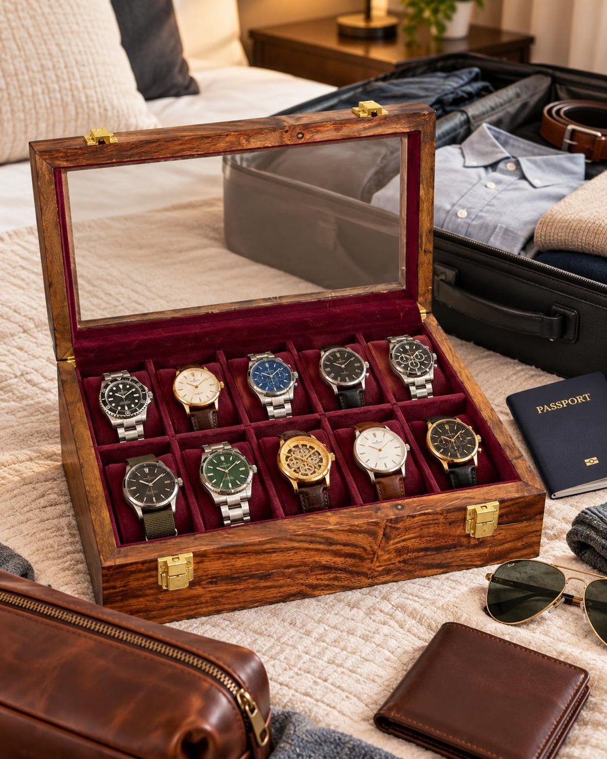 Wooden Watch Storage Box with 10 Compartments, Burgundy Velvet Lining and Glass Display