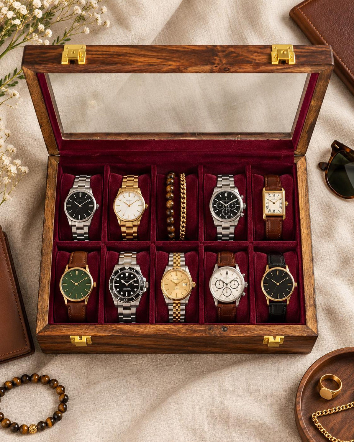 Wooden Watch Storage Box with 10 Compartments, Burgundy Velvet Lining and Glass Display