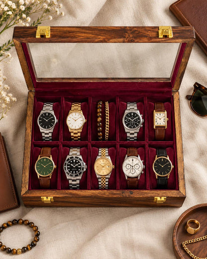 Wooden Watch Storage Box with 10 Compartments, Burgundy Velvet Lining and Glass Display