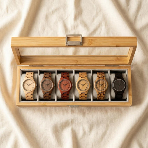 Bamboo Watch Box Display Case with Glass Lid, Wooden Watch Organizer for Men, 6 Slot Watch Storage Box Gift