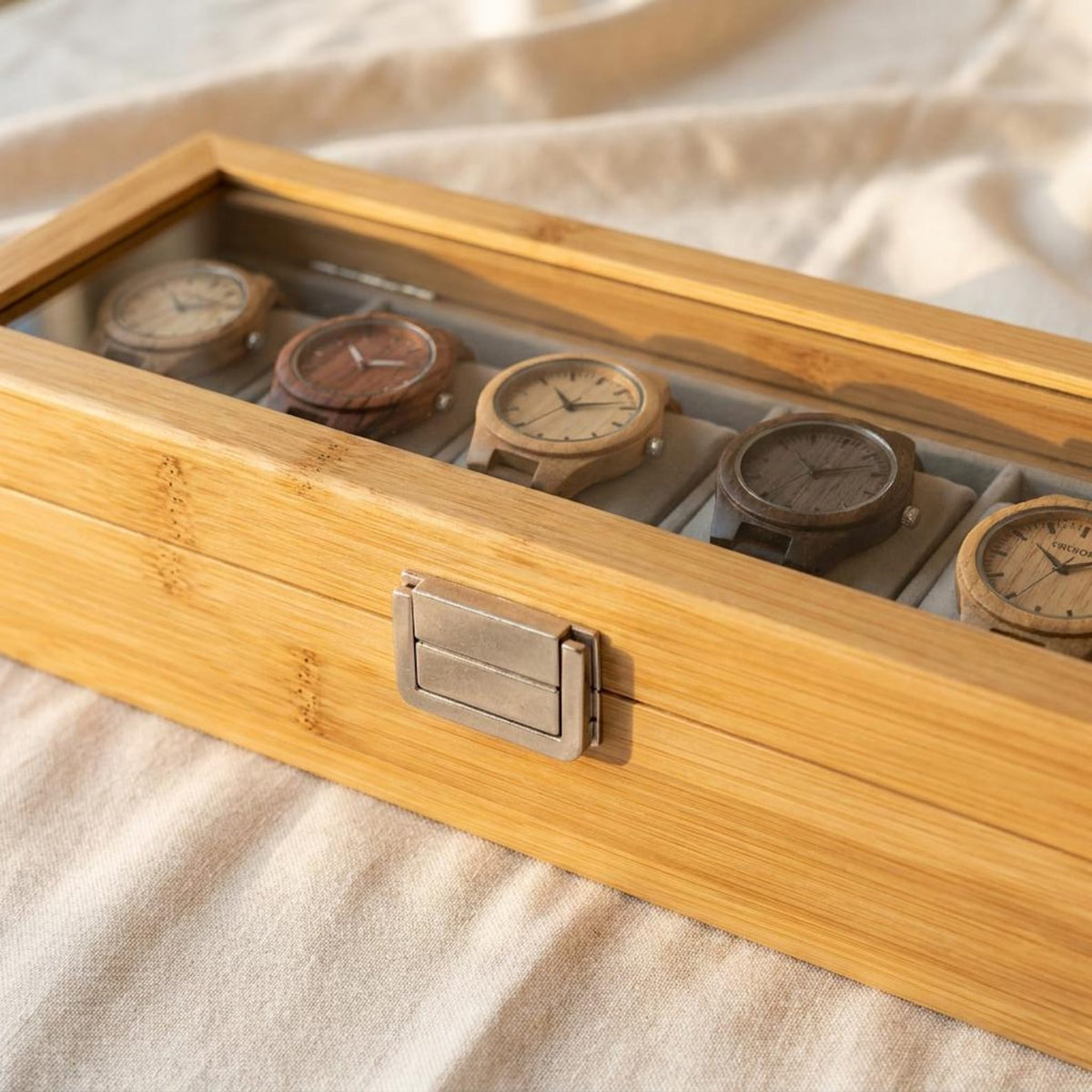 Bamboo Watch Box Display Case with Glass Lid, Wooden Watch Organizer for Men, 6 Slot Watch Storage Box Gift