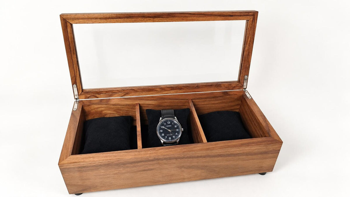 Walnut Watch Box: Luxury Wooden Watch Organizer, 3-Slot Display Case