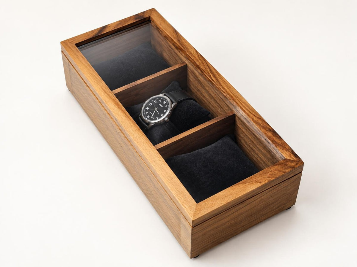 Walnut Watch Box: Luxury Wooden Watch Organizer, 3-Slot Display Case