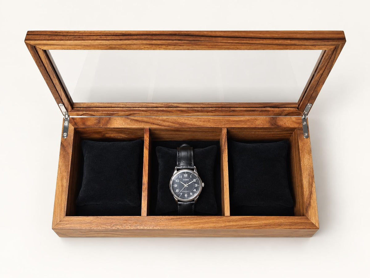 Walnut Watch Box: Luxury Wooden Watch Organizer, 3-Slot Display Case