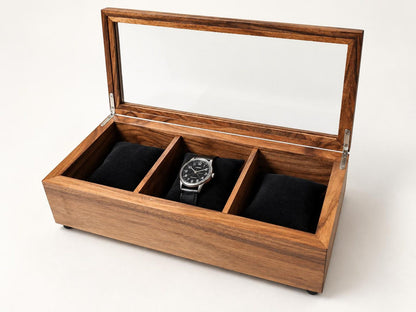 Walnut Watch Box: Luxury Wooden Watch Organizer, 3-Slot Display Case