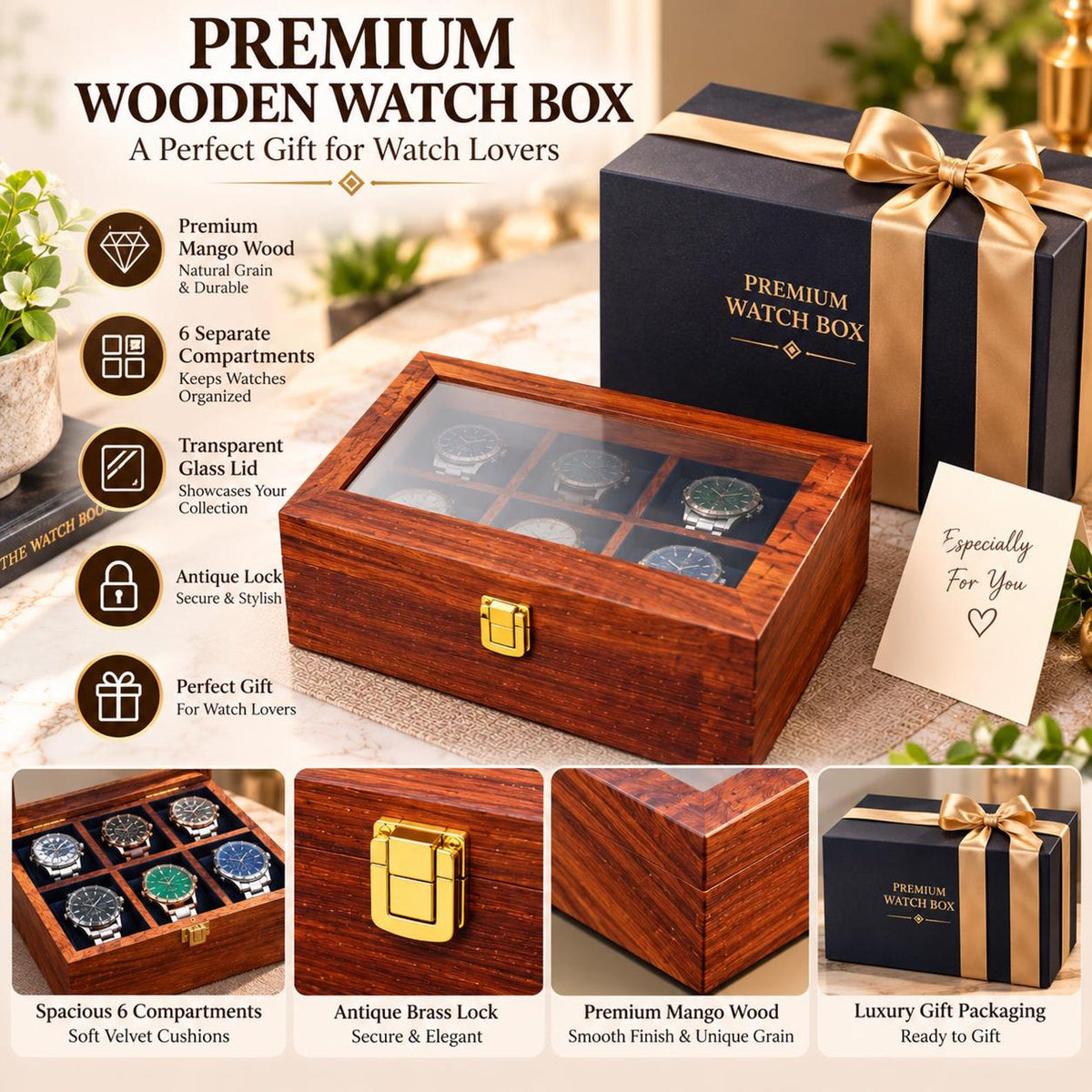 Personalized Wooden Watch Box, Engraved Watch Case for Men, 6 Slot Watch Organizer, Anniversary Gift for Boyfriend, Dad or Husband