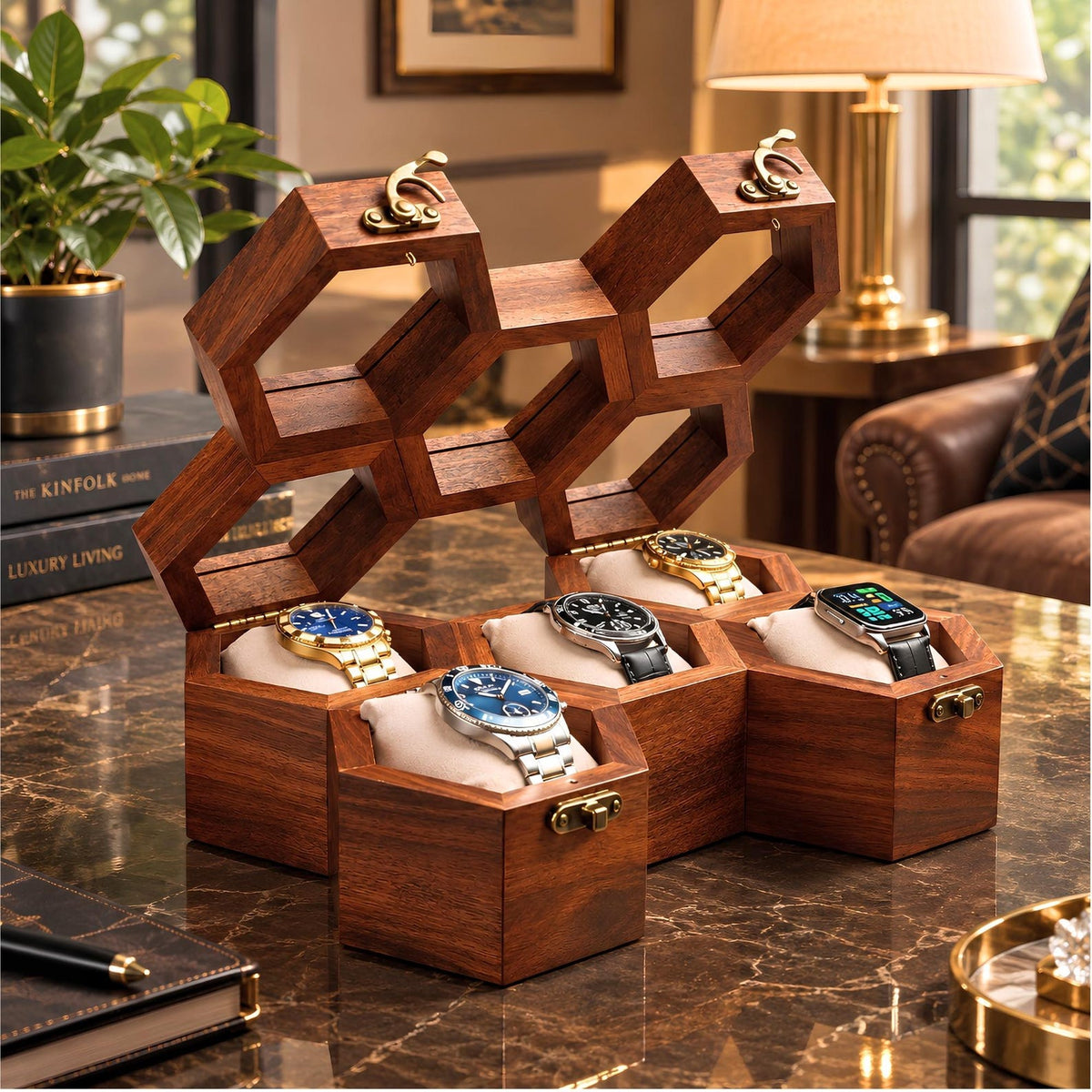 Wooden Watch Box, Rosewood Display Case, Honeycomb Design, Handmade Jewelry Storage