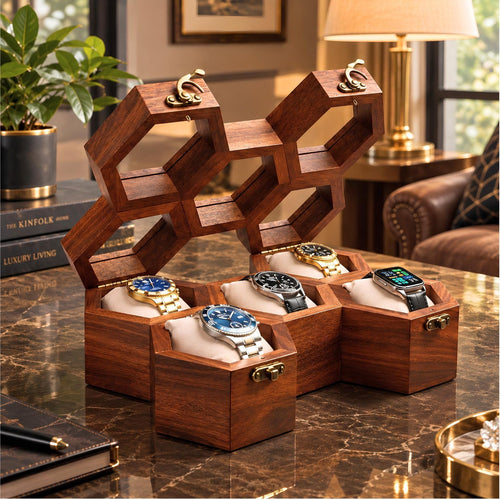 Wooden Watch Box, Rosewood Display Case, Honeycomb Design, Handmade Jewelry Storage