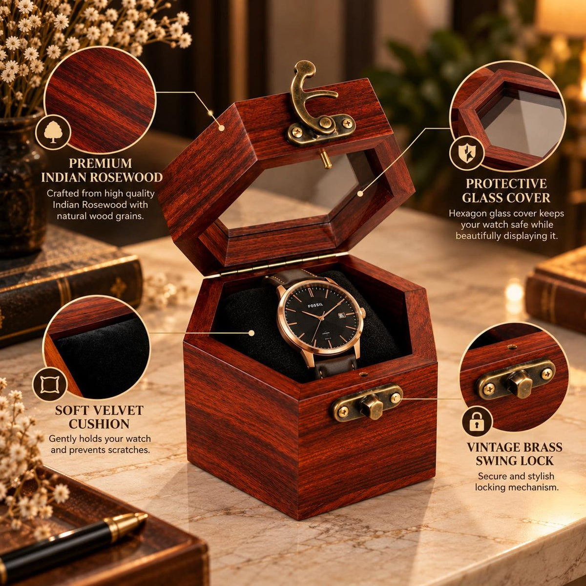 Handcrafted Rosewood Honeycomb Watch Box | Vintage Wooden Watch Organizer | Elegant Watch Display Case | Jewelry Storage | Gift for Him