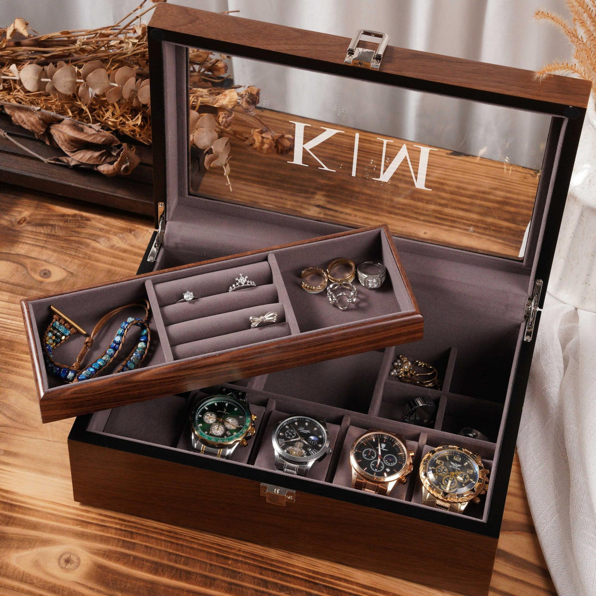 Personalized Wooden Watch Box, Watch and Jewelry Organizer with Removable Tray, Custom Jewelry Storage Box, Anniversary Gift for Him Her