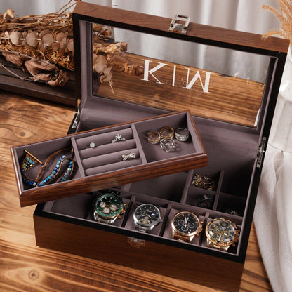 Personalized Wooden Watch Box, Watch and Jewelry Organizer with Removable Tray, Custom Jewelry Storage Box, Anniversary Gift for Him Her