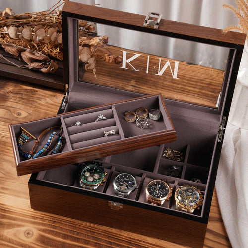 Personalized Wooden Watch Box, Watch and Jewelry Organizer with Removable Tray, Custom Jewelry Storage Box, Anniversary Gift for Him Her