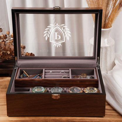 Personalized Wooden Watch Box, Watch and Jewelry Organizer with Removable Tray, Custom Jewelry Storage Box, Anniversary Gift for Him Her