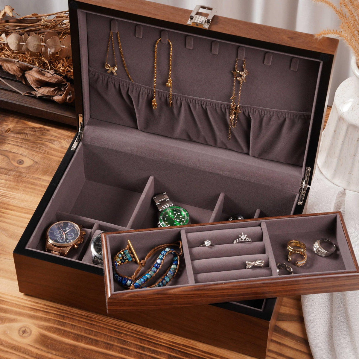 Personalized Wooden Watch Box, Watch and Jewelry Organizer with Removable Tray, Custom Jewelry Storage Box, Anniversary Gift for Him Her
