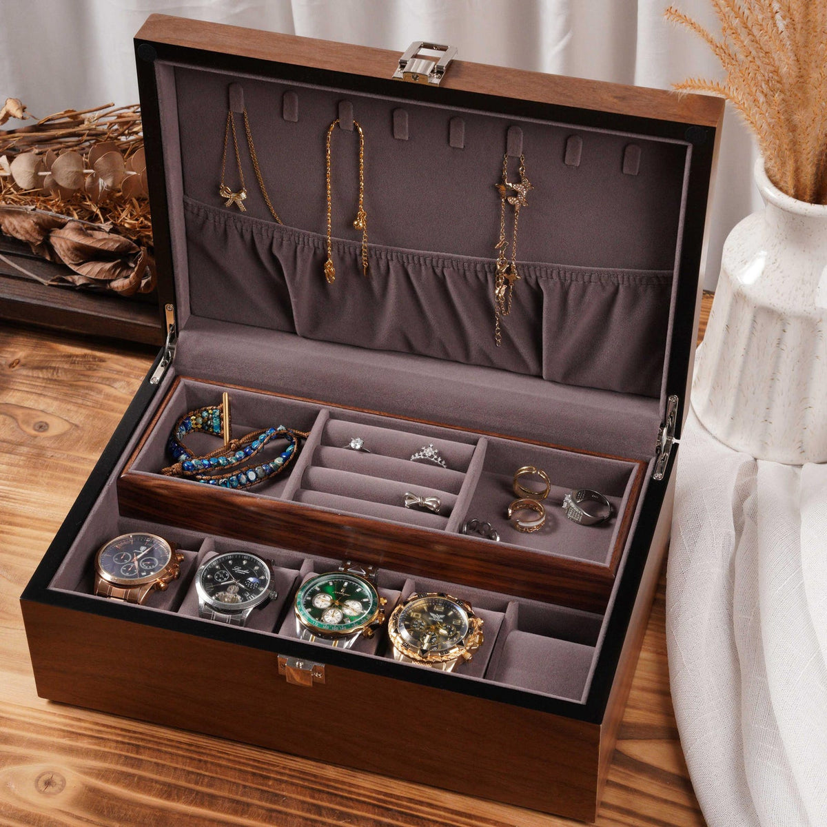 Personalized Wooden Watch Box, Watch and Jewelry Organizer with Removable Tray, Custom Jewelry Storage Box, Anniversary Gift for Him Her